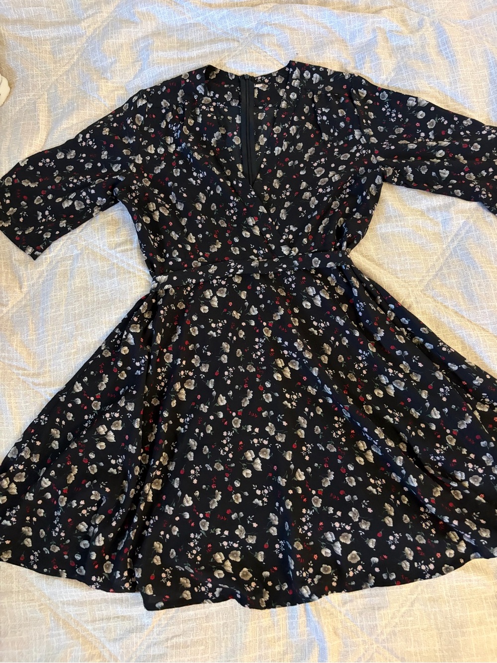 Black Floral Fit-and-Flare Dress with Red and Cream Accents